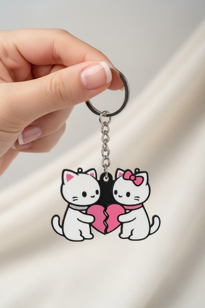 Kalp Tutan Kedi Figürlü Çift Anahtarlık