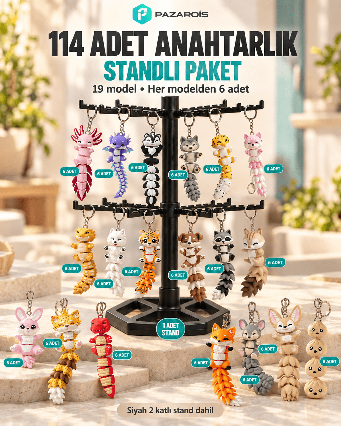 114 Adet Kuyruklu Hayvanlar Figürlü Toptan Anahtarlık Paketi