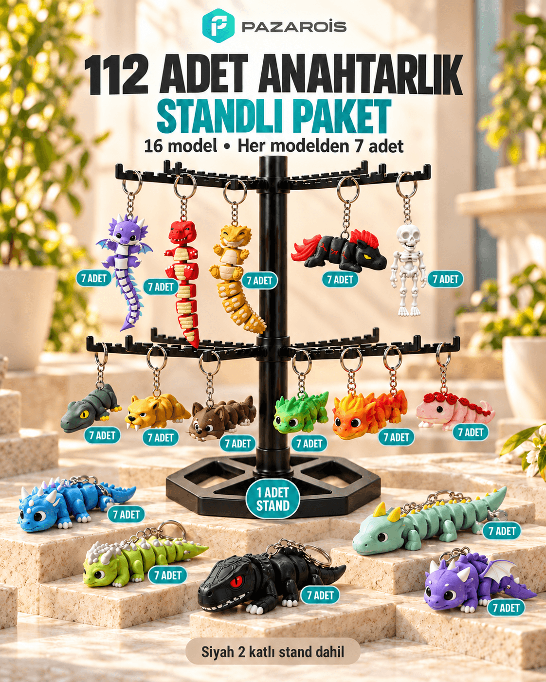 112 Adet Fantastik Yaratıklar Figürlü Toptan Anahtarlık Paketi