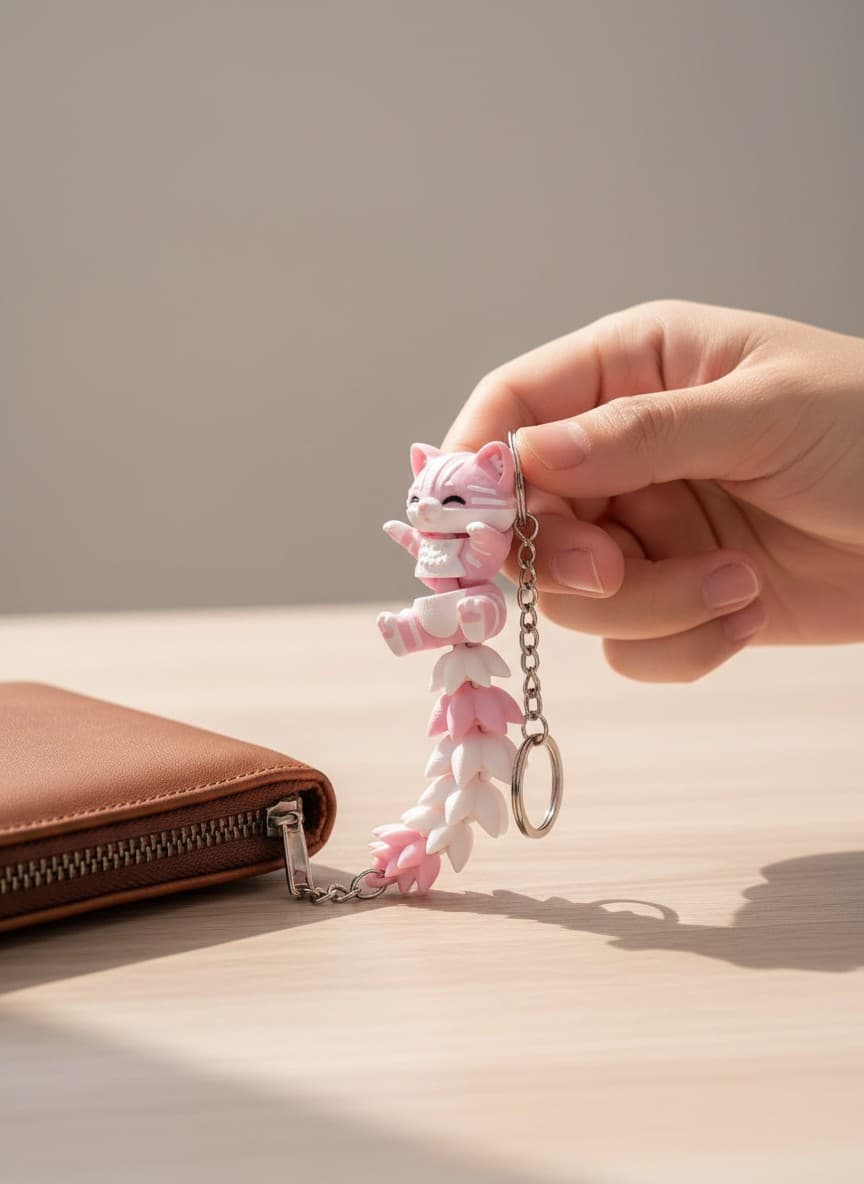 Kuyruklu Pembe Kedi Figürlü Hareketli Anahtarlık