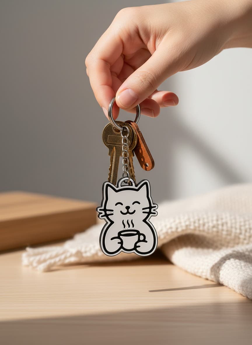 Kahve İçen Kedi Figürlü Anahtarlık
