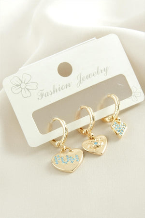 3 Adet Kalp Figürlü Mavi Zirkon Taşlı Gold Renk Bijuteri Küpe Seti