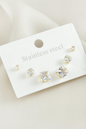 6’lı Kare Zirkon Taşlı Çelik Küpe Seti