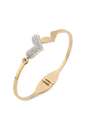 Taşlı Kalp Figürlü Altın Renkli Çelik Kelepçe Bileklik