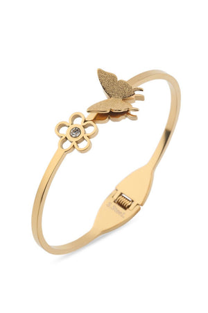 Kelebek ve Çiçek Figürlü Altın Renkli Çelik Kelepçe Bileklik