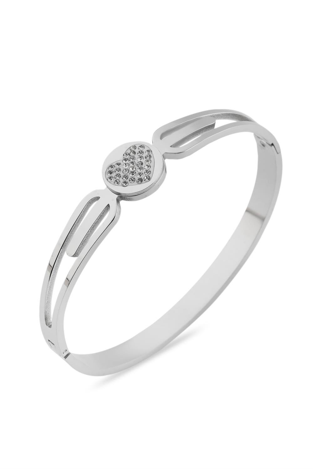 Taşlı Kalp Figürlü Gümüş Renkli Çelik Kelepçe Bileklik