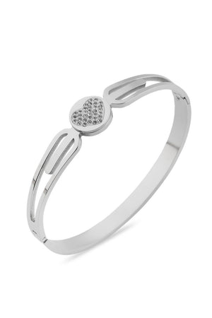 Taşlı Kalp Figürlü Gümüş Renkli Çelik Kelepçe Bileklik