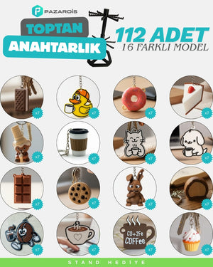 Toptan 112 Adet Kafelere Özel Figürlü Anahtarlık Karma Paket