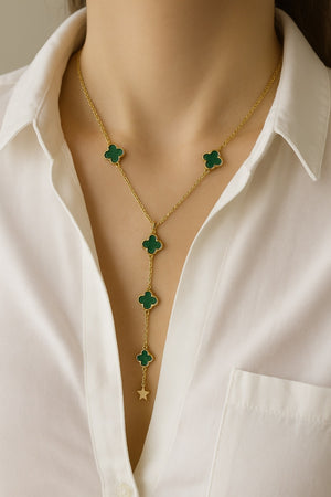 Yeşil Yonca Figürlü Gold Bijuteri Uzun Kolye