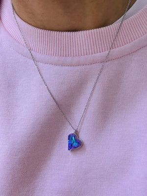 Mor-Mavi Taşlı Kalp Figürlü Paslanmaz Çelik Kolye