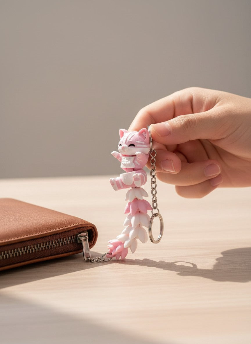 Kuyruklu Pembe Kedi Figürlü Hareketli Anahtarlık