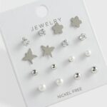 8 Çift Silver Renk Paslanmaz Çelik Küpe Seti İnci Zirkon ve Figürlü