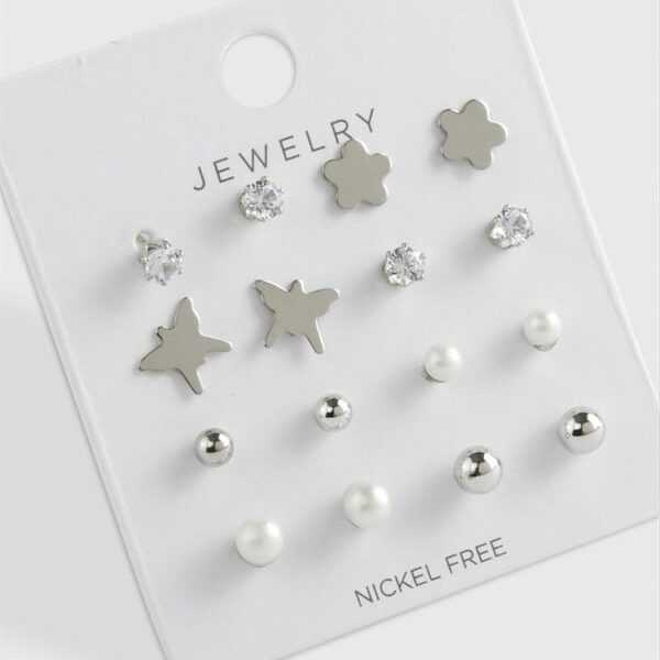 8 Çift Silver Renk Paslanmaz Çelik Küpe Seti İnci Zirkon ve Figürlü