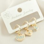 3 Adet Kalp Figürlü Mavi Zirkon Taşlı Gold Renk Bijuteri Küpe Seti