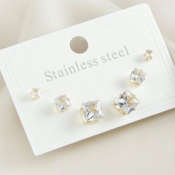 6’lı Kare Zirkon Taşlı Çelik Küpe Seti