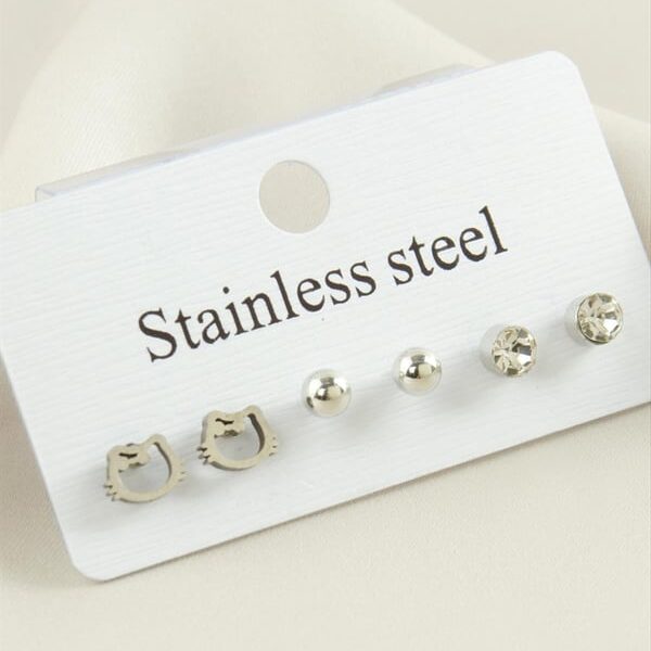 6’lı Kedi Figürlü & Taşlı Paslanmaz Çelik Küpe Seti