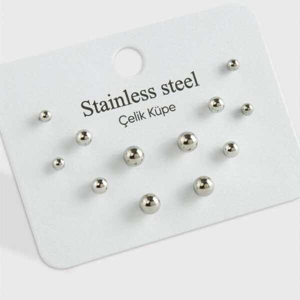 6 Çift Silver Renk Paslanmaz Çelik Top Küpe Seti