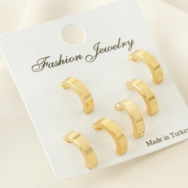 3 Çift Gold Renk Bijüteri Yarım Halka Küpe Seti 1 cm