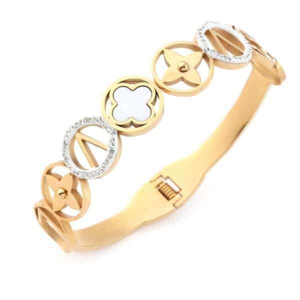 Çoklu Figürlü Taş Detaylı Altın Renkli Çelik Kelepçe Bileklik