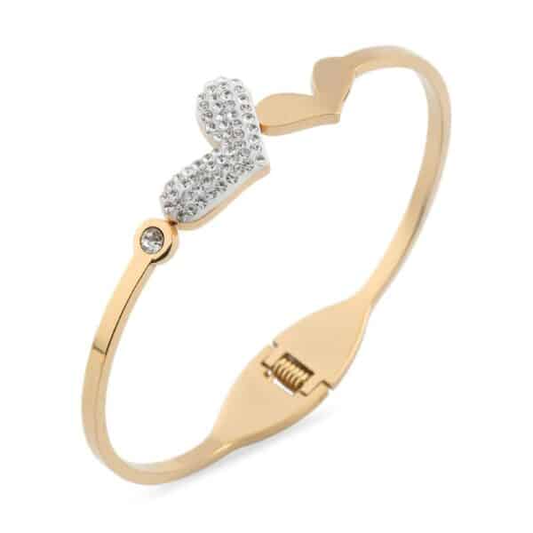 Taşlı Kalp Figürlü Altın Renkli Çelik Kelepçe Bileklik