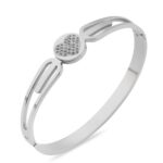 Taşlı Kalp Figürlü Gümüş Renkli Çelik Kelepçe Bileklik