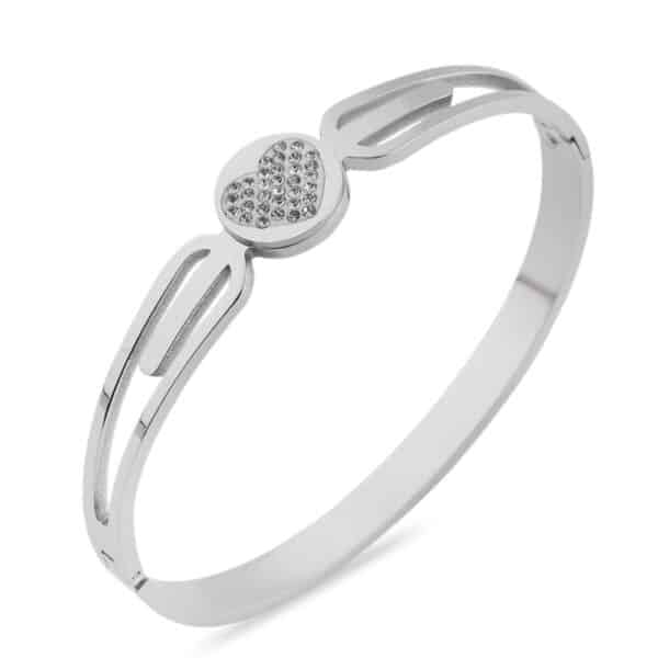 Taşlı Kalp Figürlü Gümüş Renkli Çelik Kelepçe Bileklik
