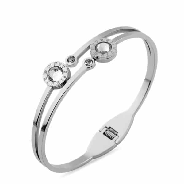 Roma Rakamlı Çift Yuvarlak Figürlü Gümüş Renkli Çelik Kelepçe Bileklik