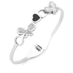 Kalp ve Kelebek Figürlü Gümüş Renkli Çelik Kelepçe Bileklik