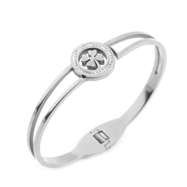 Yonca Figürlü Taş Çerçeveli Gümüş Renkli Çelik Kelepçe Bileklik