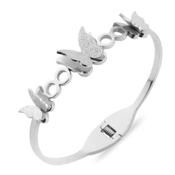 Çoklu Kelebek Figürlü Gümüş Renkli Çelik Kelepçe Bileklik