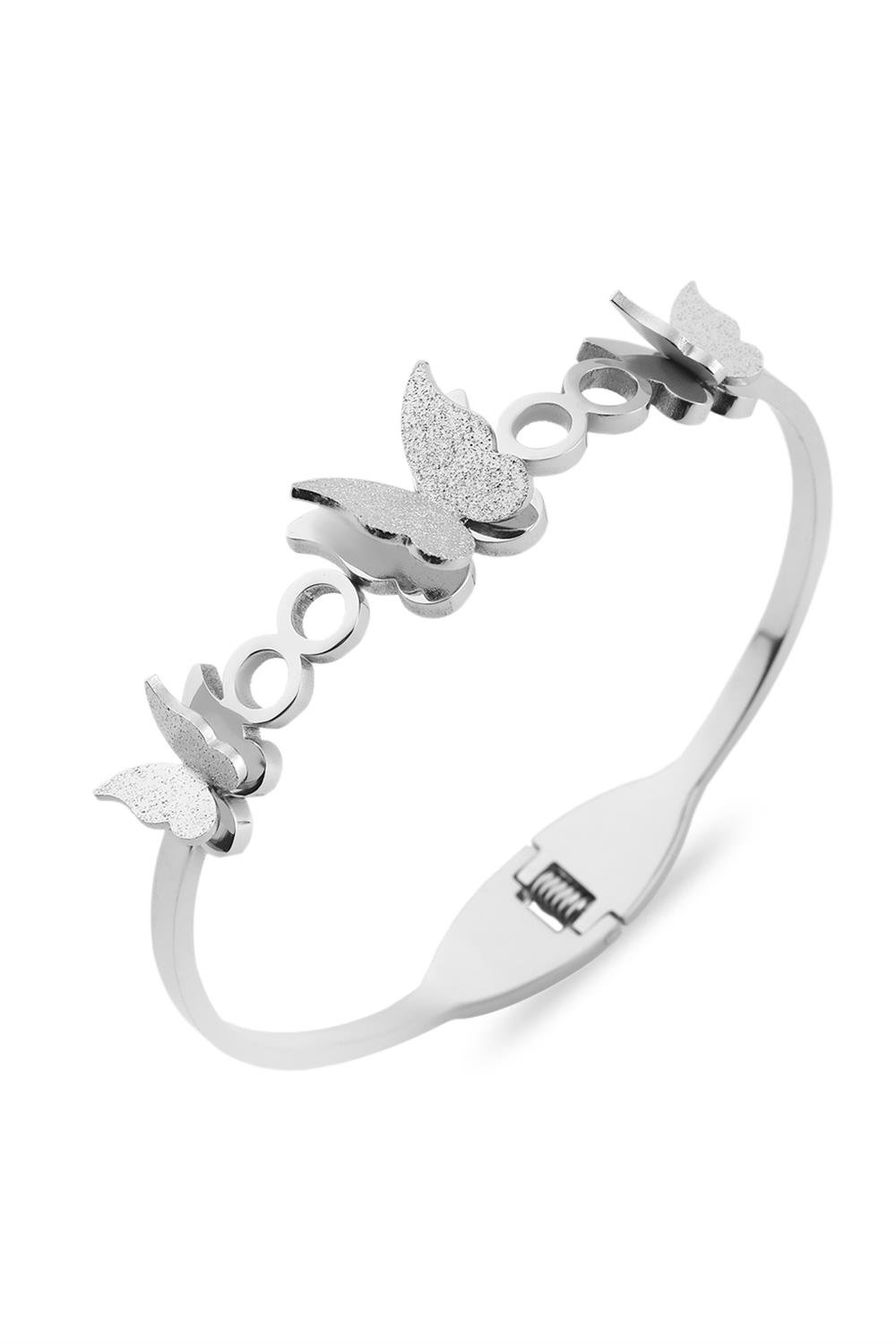 62834-Uploads-Urunresimleri-Buyuk-Celik-Kelepce-Silver-869C-4-Jpg.jpg Çoklu Kelebek Figürlü Gümüş Renkli Çelik Kelepçe Bileklik - Görsel 1