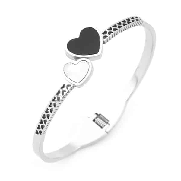 Çift Kalp Figürlü Gümüş Renkli Çelik Kelepçe Bileklik