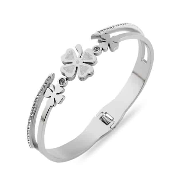 Çoklu Yonca Figürlü Taş Detaylı Gümüş Renkli Çelik Kelepçe Bileklik