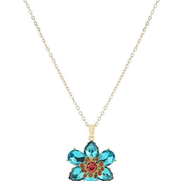 Safir Çiçek Figürlü Altın Renkli Çelik Kolye