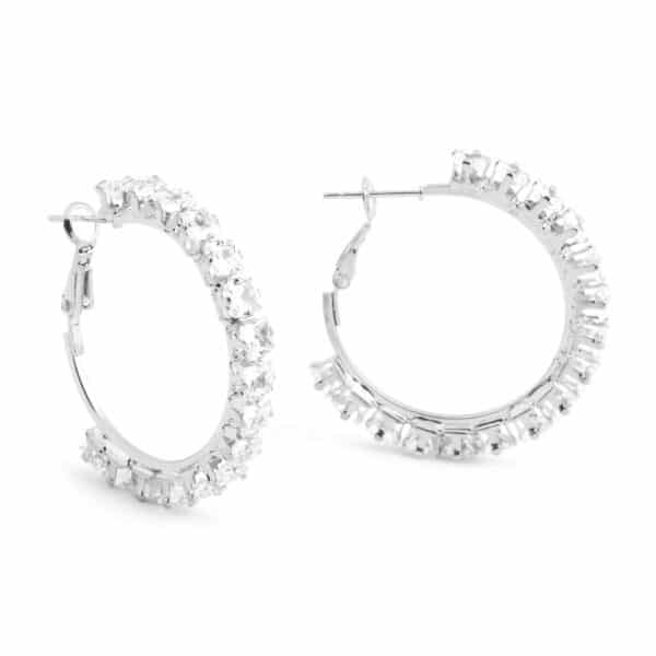 Beyaz Taşlı Gümüş Renk Çelik Halka Küpe