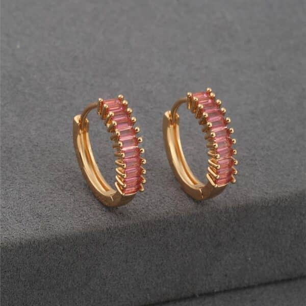 Pembe Taş Detaylı Altın Renk Çelik Halka Küpe