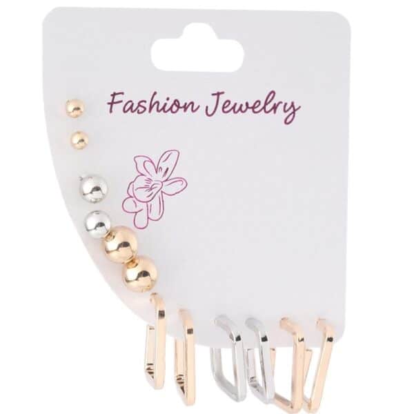 Altın ve Gümüş Renk Kare Halka ve Top Detaylı Bijuteri Küpe Seti