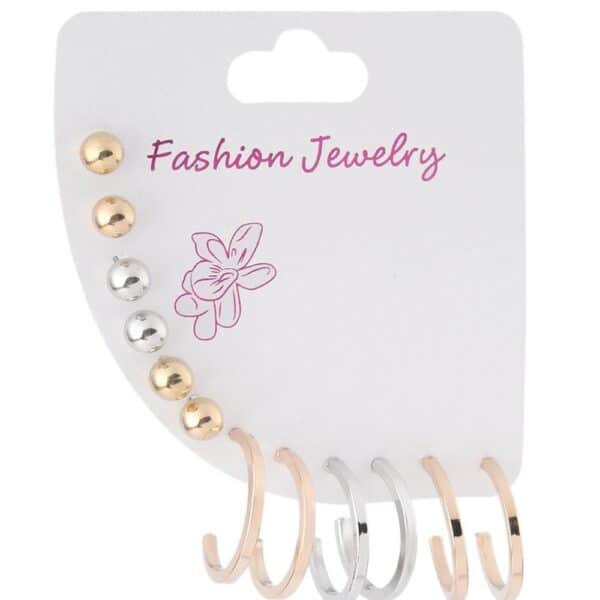 Altın ve Gümüş Renk Halka ve Top Detaylı Bijuteri Çoklu Küpe Seti