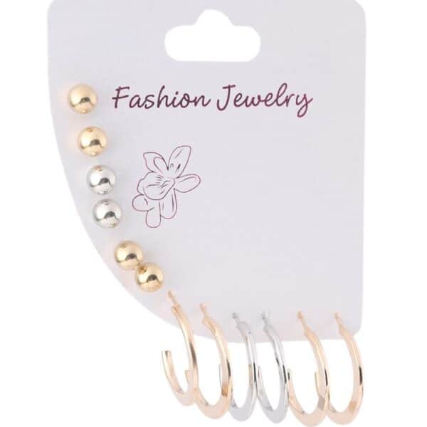 Altın ve Gümüş Renk Halka ve Top Detaylı Bijuteri Küpe Seti