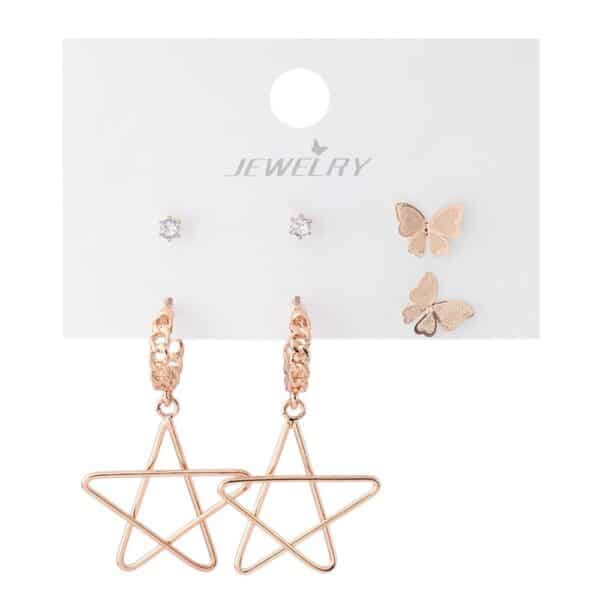 Altın Renk Yıldız ve Kelebek Figürlü Bijuteri Çoklu Küpe Seti