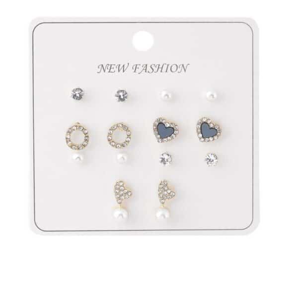 Kalp ve Halka Figürlü İnci Detaylı Gold Renk Bijuteri Küpe Seti