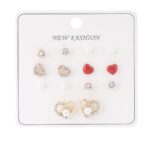 Kalp Figürlü Taş ve İnci Detaylı Gold Renk Bijuteri Küpe Seti