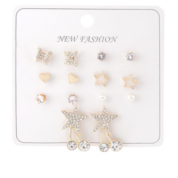 Yıldız Kalp ve Taş Detaylı Gold Renk Bijuteri Küpe Seti