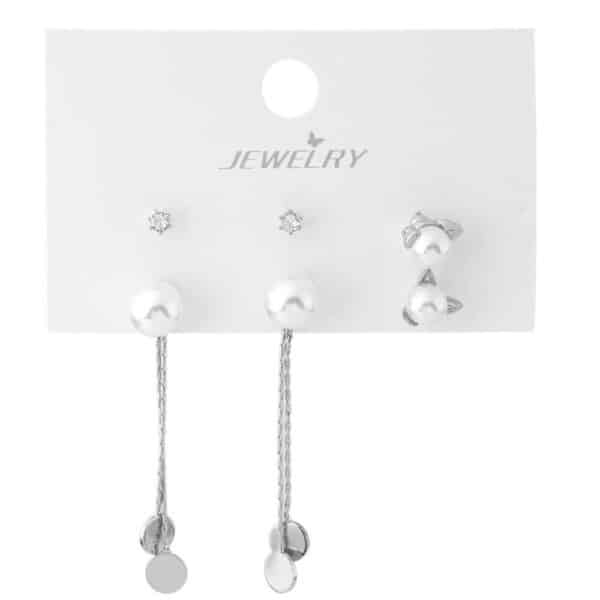 Gümüş Renk İnci Detaylı Bijuteri Çoklu Küpe Seti