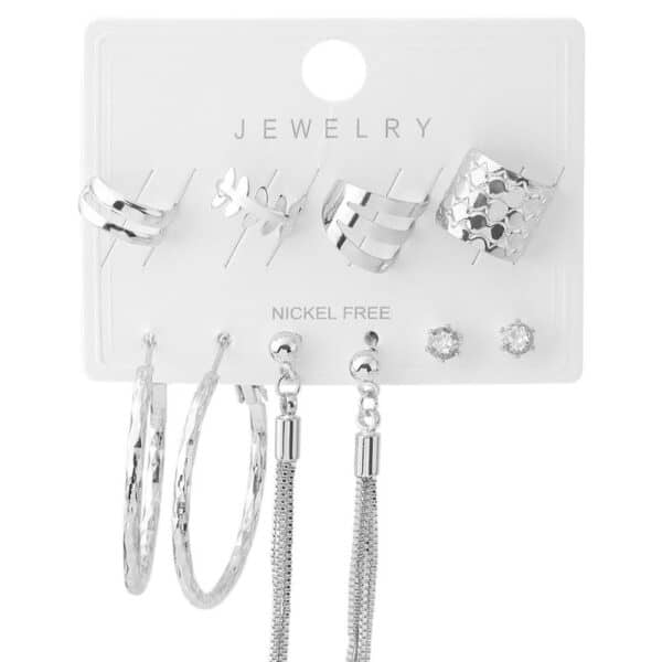 Gümüş Renk Zincir Detaylı Halka ve Minimal Bijuteri Çoklu Küpe Seti