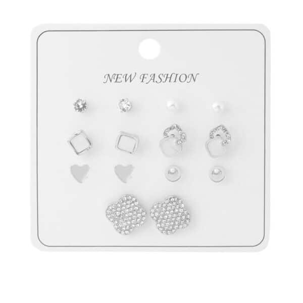 Geometrik ve Kalp Figürlü Taş Detaylı Silver Renk Bijuteri Küpe Seti