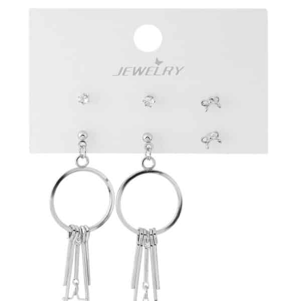 Gümüş Renk Halka ve Yıldız Detaylı Bijuteri Çoklu Küpe Seti