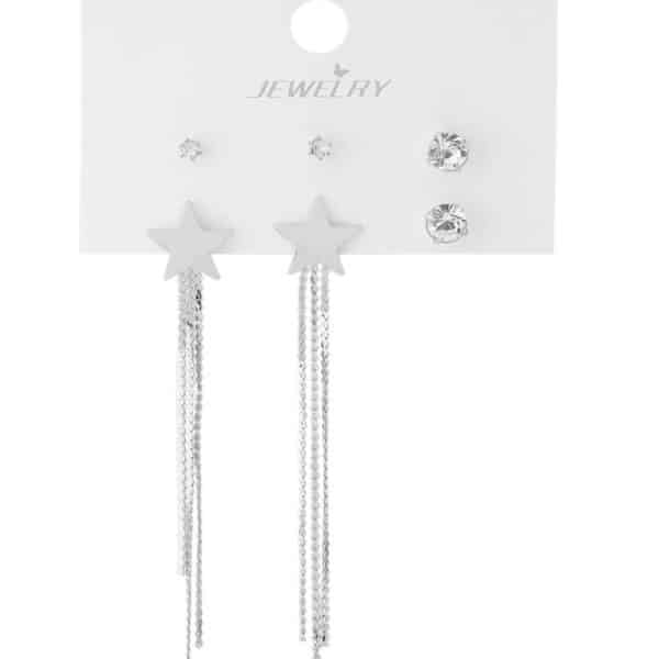 Gümüş Renk Yıldız Figürlü Zincir Sallantılı Bijuteri Çoklu Küpe Seti