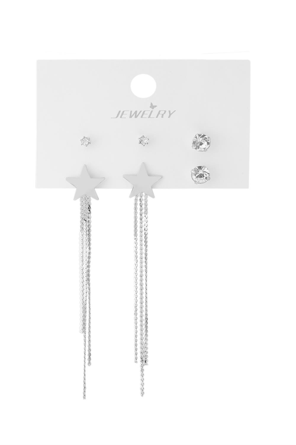 Bijuteri-Set-Kupe-Silver-A89E-4-Jpg.jpg Gümüş Renk Yıldız Figürlü Zincir Sallantılı Bijuteri Çoklu Küpe Seti - Görsel 1