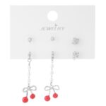 Gümüş Renk Kiraz Figürlü İnci Detaylı Bijuteri Çoklu Küpe Seti